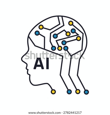Artificial intelligence vector illustration featuring a human head silhouette combined with circuit board lines and digital nodes