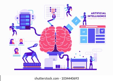 Artificial intelligence vector illustration in flat design. Brain, robots, computer, cloud storage, servers, robohand and other elements for infographic. 