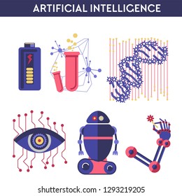 Artificial intelligence vector illustration of robot human mind, future computer digital brain science and innovation technology machines. Symbols of dna, microchip processor in eye, cyborg hand and h