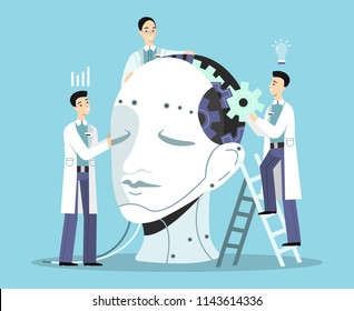 Artificial intelligence vector illustration of scientists men building human head with cogwheels and wires. Digital brain or android robot mind development technology