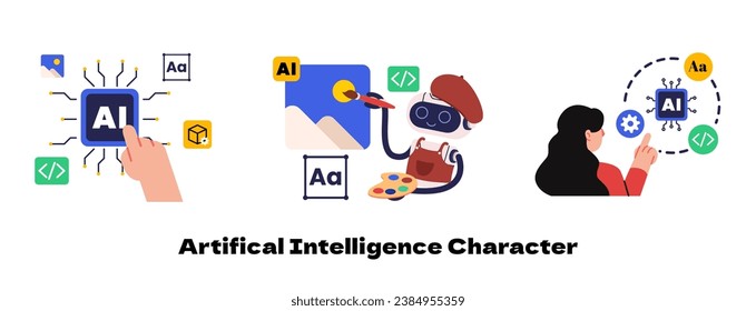 Artificial intelligence vector illustration set bundle. AI technology help people in communication, data analyst, medical analyst, finance, education, business and art. 