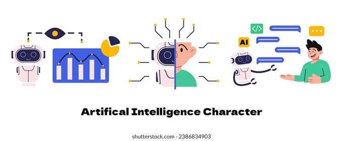 Artificial intelligence vector illustration set bundle. AI technology help people in communication, data analyst, medical analyst, finance, education, business and art