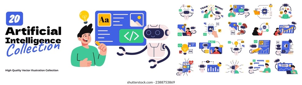 Artificial intelligence vector illustration set bundle. AI technology help people in communication, data analyst, medical analyst, finance, education, business and art