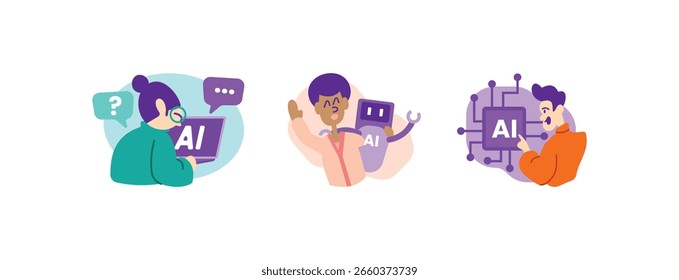 Ilustração de vetor de inteligência artificial definida com pessoas e elementos de IA. Perfeito para tecnologia, chatbot, aprendizado de máquina, ciência de dados, assistente virtual, codificação e projetos temáticos de inovação