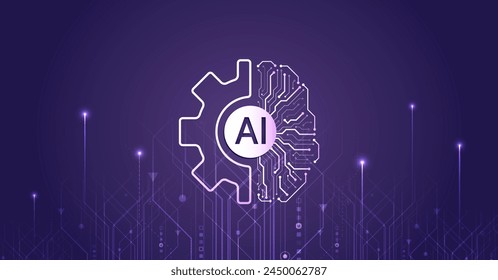 Artificial intelligence vector illustration. Technology background template. Abstract high tech brain on a purple background. Data analysis, neural network.