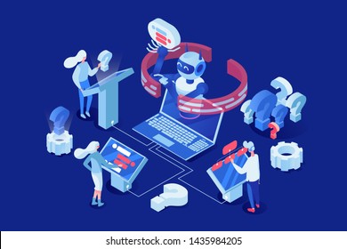 Artificial intelligence vector isometric illustration. People, clients chatting with chatbot 3d cartoon characters. Technological computer modernization, customer support concept