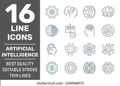 Artificial Intelligence Vector Line Icons Set. Cyber Brain, Smart CPU, Android, Humanoid Robot, Thinking Machine and other. Editable Stroke. EPS 10