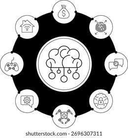 Logótipo ou plano de fundo dos ícones de linha do vetor de inteligência artificial . Símbolos descritivos da tecnologia da IA, aprendizagem automática, rede neural, inovação e automatização, cérebro digital . Símbolos do processador AI, digital