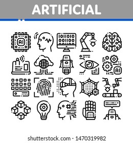 Artificial Intelligence Vector Thin Icons Set. Artificial Intelligence Details Binary Code, Robot, Light Bulb Linear Pictograms. Fingerprint, Microchip, Assembly Line Black Contour Illustrations
