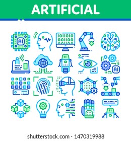 Artificial Intelligence Vector Thin Icons Set. Artificial Intelligence Details Binary Code, Robot, Light Bulb Linear Pictograms. Fingerprint, Microchip, Assembly Line Color Contour Illustrations