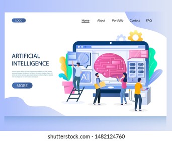 Artificial intelligence vector website template, web page and landing page design for website and mobile site development. Machine learning, digital brain, artificial thinking concept with characters.
