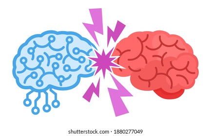Artificial intelligence versus human mind, concept. Rise of the robots. Vector illustration, flat design, cartoon style, isolated on white background.
