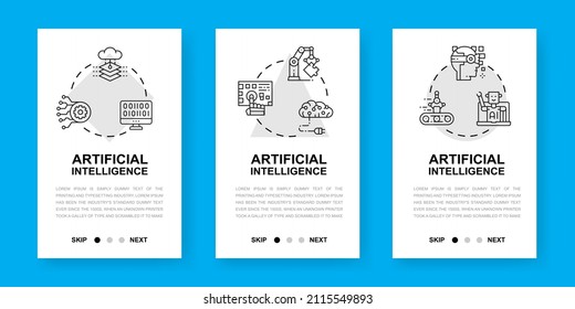 Artificial Intelligence vertical app screens design illustration. Robotics, Chatbot, Database, Big Data mobile banners for website development.