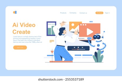 Artificial Intelligence Video Creation concept. A person interacts with AI for video editing on a digital platform. Innovation in multimedia production. Vector illustration.