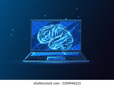 Artificial intelligence, virtual assistance concept with futuristic laptop and brain on blue