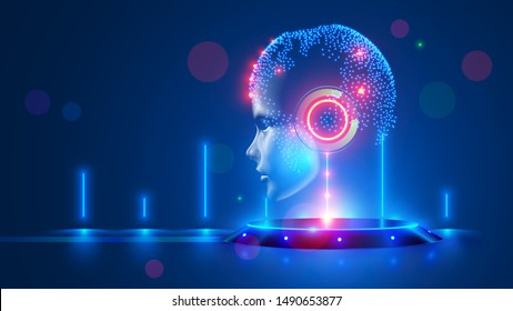 Artificial intelligence with virtual hanging head on podium. Global world cybernetic mind controls humanity. Digital Brain with AI in the spotlight. Super computer. science futuristic concept.