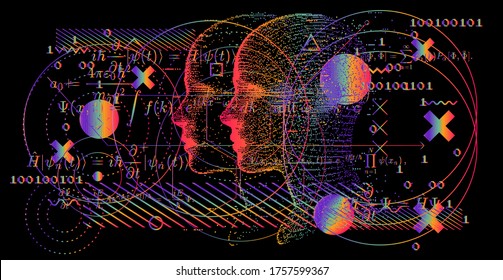 Artificial Intelligence and Virtual Reality concept. 3D human head made of pixels in neon holographic vivid colors on dark background.