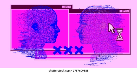 Artificial Intelligence and Virtual Reality concept. 3D human head made of pixels in neon vivid colors.