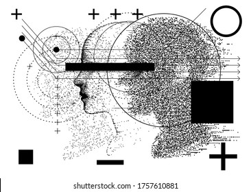 Artificial Intelligence and Virtual Reality concept. 3D human head made of pixels.