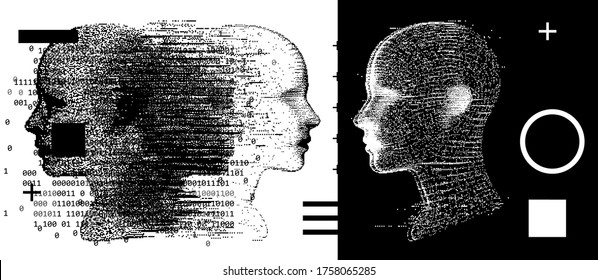 Artificial Intelligence and Virtual Reality concept. 3D human head made of pixels and negative reflection of it.