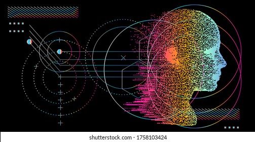 Artificial Intelligence and Virtual Reality concept. 3D human head made of pixels in neon holographic vivid colors on dark background.