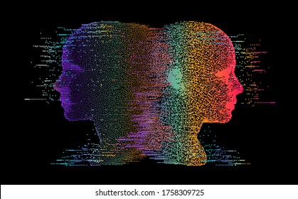 Artificial Intelligence and Virtual Reality concept. 3D human head made of pixels in neon holographic vivid colors on dark background. Vaporwave and retrowave style illustration.