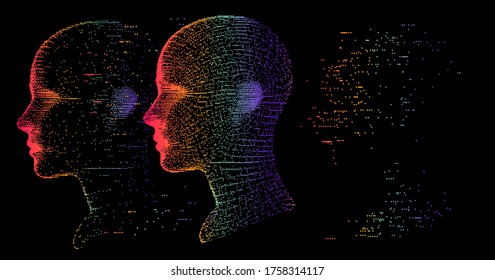 Artificial Intelligence and Virtual Reality concept. 3D human head made of pixels in neon holographic vivid colors on dark background. Vaporwave and retrowave style illustration.