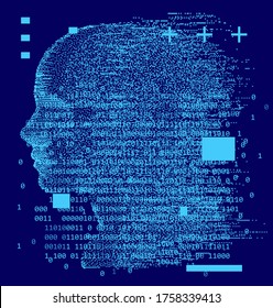 Artificial Intelligence and Virtual Reality concept. 3D human head made of pixels.