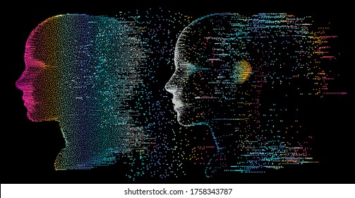 Artificial Intelligence and Virtual Reality concept. 3D human head made of pixels in neon holographic vivid colors on dark background. Vaporwave and synthwave style illustration.