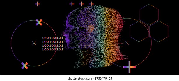 Artificial Intelligence and Virtual Reality concept. 3D human head made of pixels in neon holographic vivid colors on dark background. Vaporwave and Synthwave style illustration.