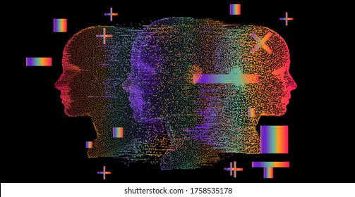 Artificial Intelligence and Virtual Reality concept. 3D human head made of pixels in neon holographic vivid colors on dark background.