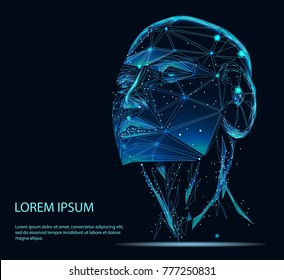 Artificial intelligence in virtual reality. Robot head conceptual design portrait. 3d. Lines connected to thinkers