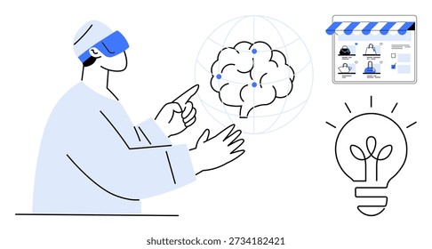 Inteligencia artificial, tecnología de realidad virtual, innovación, aprendizaje en línea, comercio electrónico, neurociencia. Persona usando auriculares VR interactuando con el cerebro virtual, la tienda y el icono de la bombilla. Tecnología de IA y VR