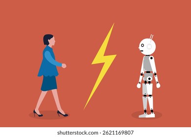 Artificial intelligence vs human. Business competition, conflict. Business woman with the robot collided in battle