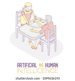 Artificial intelligence vs human intelligence concept. Vector isometric illustration of robot machine and man arm wrestling.