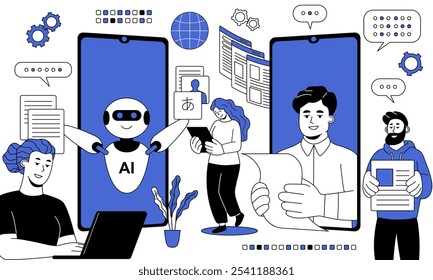 Artificial Intelligence vs Human. Data analysis using ai and neural networks or human expertise. Choosing between robot and worker on smartphone. Outline flat vector illustration isolated on white