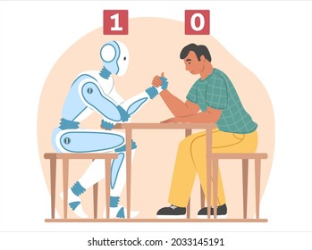 Artificial intelligence vs human, flat vector illustration. Arm wrestling fight between robot machine and businessman. Intelligent machines replace human resource.