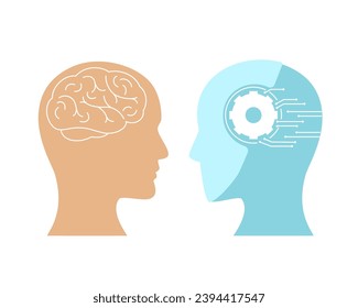 Artificial Intelligence VS Human. Robot and human heads placed opposite each other. Vector illustration isolated on white background.