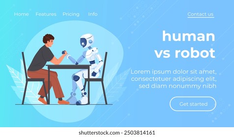 Artificial intelligence vs human. Technologies and competition concept. Hands of human and robot competing in strength power fighting technologies against humans. For web banner, infographics.