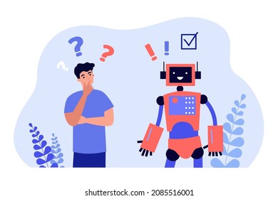 Artificial intelligence vs human in thinking work process. Robot solutions and ideas better than man flat vector illustration. RPA, automation concept for banner, website design or landing web page