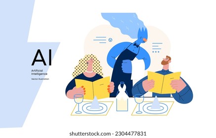 Artificial intelligence, Waiter -modern flat vector concept illustration of waiter AI taking order, giving advice on choosing in restaurant. Metaphor of AI advantage, superiority and dominance concept