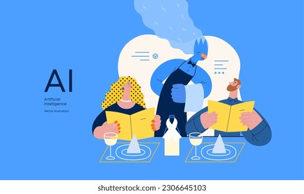 Artificial intelligence, Waiter -modern flat vector concept illustration of waiter AI taking order, giving advice on choosing in restaurant. Metaphor of AI advantage, superiority and dominance concept