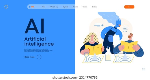 Artificial intelligence, Waiter -modern flat vector concept illustration of waiter AI taking order, giving advice on choosing in restaurant. Metaphor of AI advantage, superiority and dominance concept