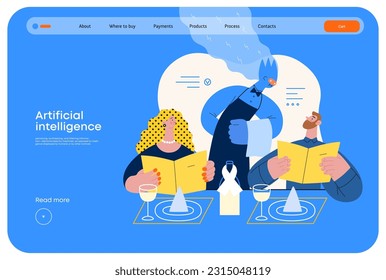 Artificial intelligence, Waiter -modern flat vector concept illustration of waiter AI taking order, giving advice on choosing in restaurant. Metaphor of AI advantage, superiority and dominance concept