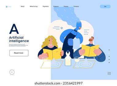 Artificial intelligence, Waiter -modern flat vector concept illustration of waiter AI taking order, giving advice on choosing in restaurant. Metaphor of AI advantage, superiority and dominance concept