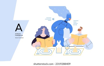 Artificial intelligence, Waiter -modern flat vector concept illustration of waiter AI taking order, giving advice on choosing in restaurant. Metaphor of AI advantage, superiority and dominance concept