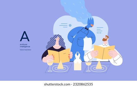 Artificial intelligence, Waiter -modern flat vector concept illustration of waiter AI taking order, giving advice on choosing in restaurant. Metaphor of AI advantage, superiority and dominance concept