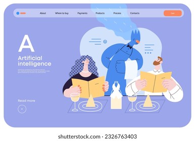 Artificial intelligence, Waiter -modern flat vector concept illustration of waiter AI taking order, giving advice on choosing in restaurant. Metaphor of AI advantage, superiority and dominance concept