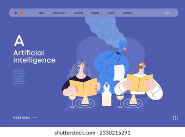 Artificial intelligence, Waiter -modern flat vector concept illustration of waiter AI taking order, giving advice on choosing in restaurant. Metaphor of AI advantage, superiority and dominance concept