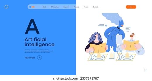 Artificial intelligence, Waiter -modern flat vector concept illustration of waiter AI taking order, giving advice on choosing in restaurant. Metaphor of AI advantage, superiority and dominance concept